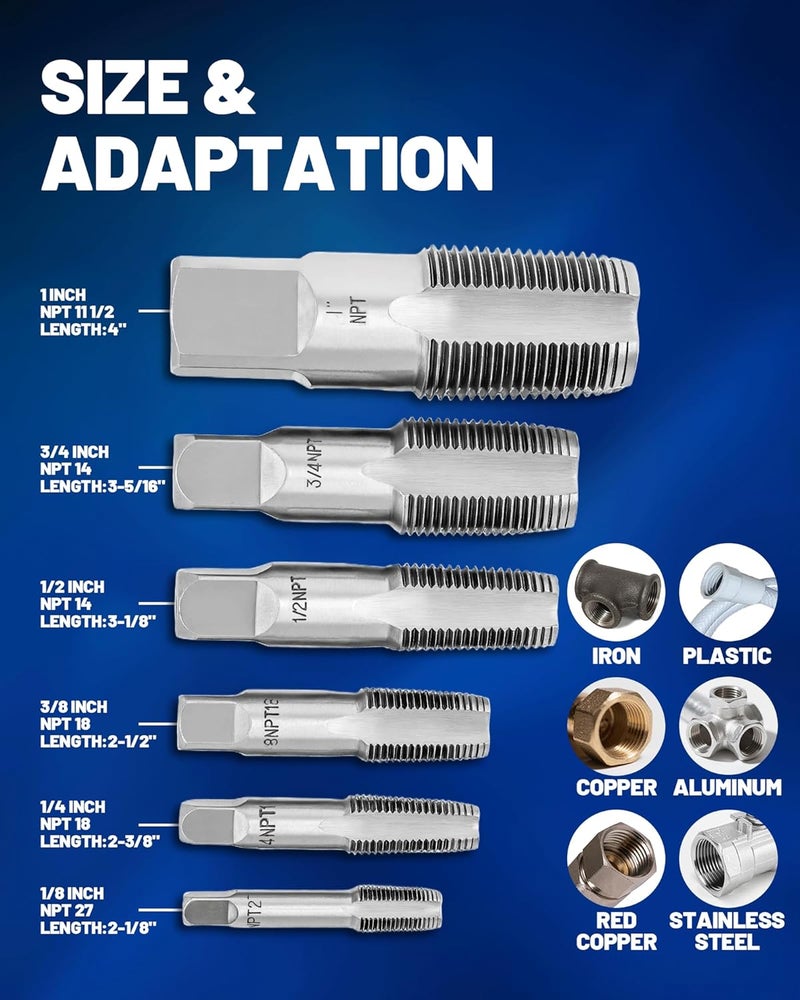 HIPULX 1/8", 1/4", 3/8", 1/2", 3/4", 1" NPT Tap Set, GCr15 Threading Plumbing Tap Set for Accurate Threads with Storage Box | 4-Flute Fast Chip Removal for Plumbers Mechanics DIY Thread cutting tools - Image 5